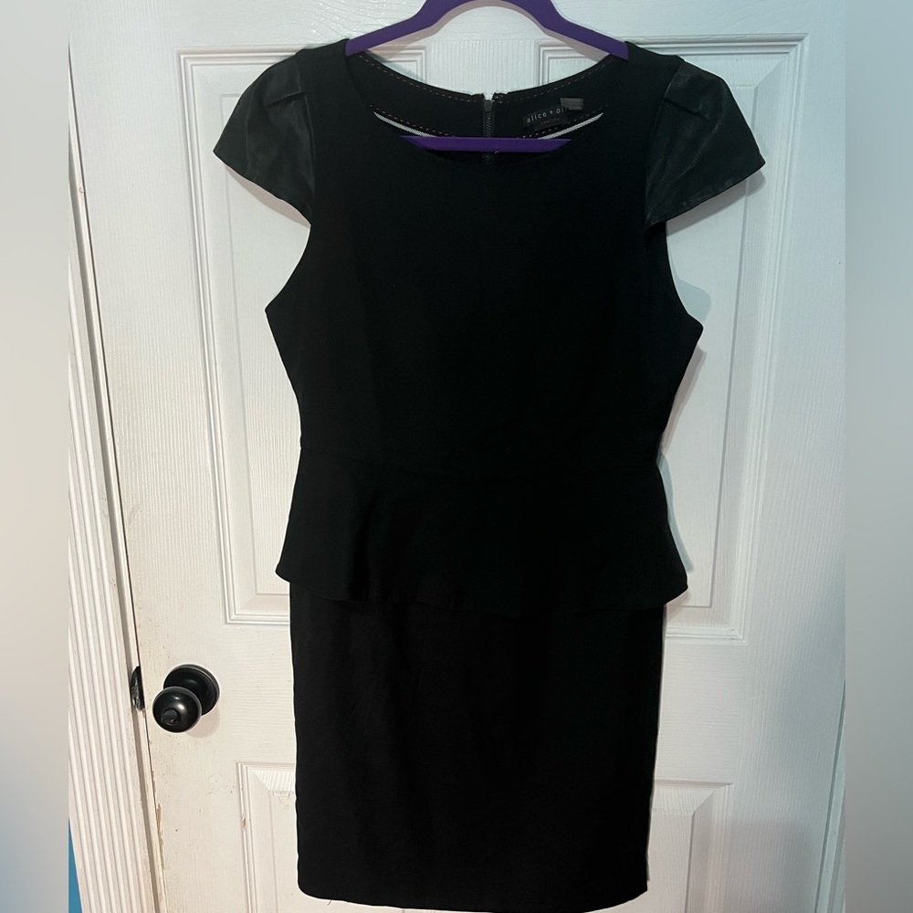 Alice + Olivia Peplum Cinched Waist Dress Black Sz 10 Leather Cap Sleeves